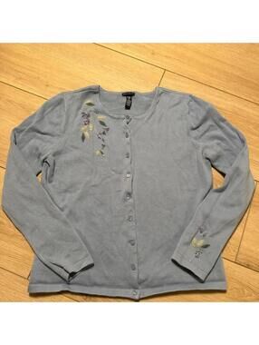 Gap Stretch Womens Large Blue Floral Embroidered Button Up Cardigan Sweater